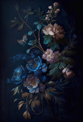luxurious blue floral pattern with golden details ideal for backgrounds, generative AI 