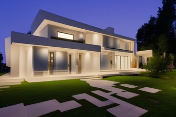 Photo of modern house with outdoor lighting, at night, external view - generative ai