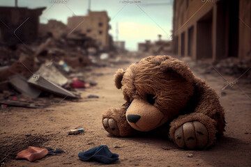Teddybär liegt im Schutt einer zerstörte Stadt nach der Erdbeben Katastrophe in der Türkei - Generative Ai - obrazy, fototapety, plakaty