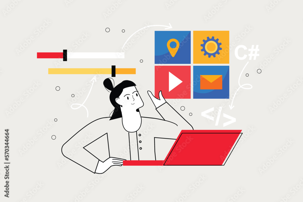 Poster app development line concept with people scene in the flat cartoon style. developer selects the imag