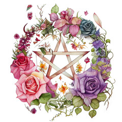 Watercolor Pentagram gouache elements, Halloween, Mysticism. Witchcraft attributes. Painting, , generative ai.