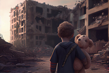 Kind mit Teddybär in der Hand läuft durch eine zerstörte Stadt nach der Erdbeben Katastrophe in der Türkei und sucht nach seiner Familie  - Generative Ai - obrazy, fototapety, plakaty