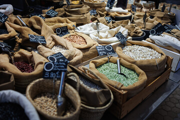 Various Types of Beans and other types of Seeds in Jute Bags for Sale at the Market