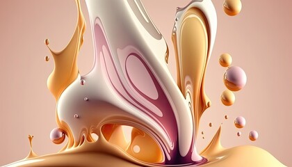 Dense liquid of mixed colors splashing and forming droplets on color background. Illustration for wallpaper. Generative AI