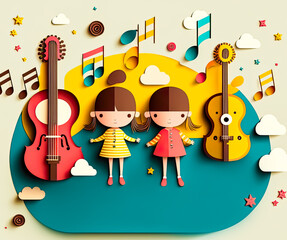 Children Playing music in Music School Paper cut Banner, Poster, Generative AI