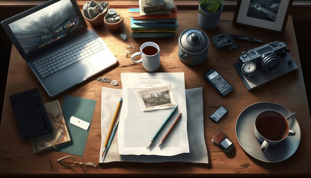 3D Rendered Bird's Eye View of a Busy Desk Scene