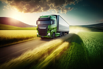 green transport truck driving through a blurred green meadow at sunrise. Ai generative