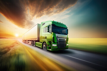 green transport truck driving through a blurred green meadow at sunrise. Ai generative