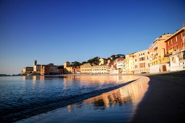 Sunrise view of the Bay of Silence in Sestri Levante Italy