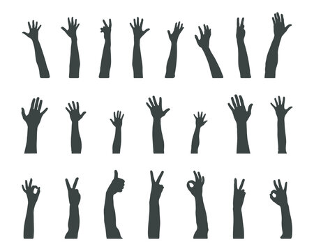 Many hands silhouettes, Raised hands vector silhouettes