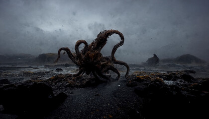 Horror, sea ​​shore with giant octopus, fantasy image, nightmare, sunset beach with sea monster, created with Generative AI technology