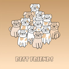 Hand Drawn Doodles Pets Card. Text Best friends. Collection of funny dogs in cartoon style with different color. For design logo, visit card, etc. Vector illustration