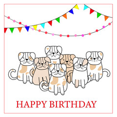 Hand Drawn Doodles Pets Card. Text Happy Birthday. Collection of funny dogs in cartoon style with different color. For design logo, visit card, etc. Vector illustration