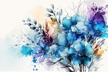 Watercolor floral background with copyspace for text. Navy blue and purple flowers drawing. Botanical wallpaper design for spring and summer. Generative AI.