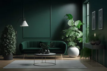 Poster Modern cozy living room with monochrome emerald green wall. Contemporary interior design with dark wall color, table and sofa. Generative AI. © Iryna