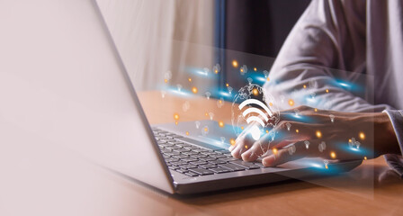 Man using laptop to connect internet, business communication social network concept