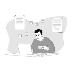 A man with a smile sits at a computer with a cup in his hand and looks at the screen. Home education. Online education. Computer work. Online courses. Template for the page. Flat illustration.