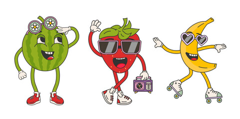 Groovy style fruit set vector illustration