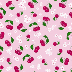 Seamless pattern of red berries and cherry blossom flowers on pink background. Design wallpaper, fabric, print, print, restaurant menu, packaging, paper. Hand drawn vector image.   