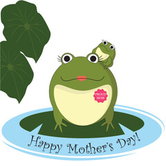 Mother’s Day illustration of cute Mom and Baby Frog sitting on lily pad on white background with tropical leaves