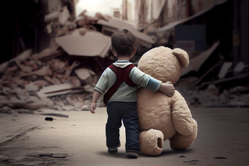 Kind mit Teddybär in der Hand läuft durch eine zerstörte Stadt nach der Erdbeben Katastrophe in der Türkei und sucht nach seiner Familie  - Generative Ai - obrazy, fototapety, plakaty