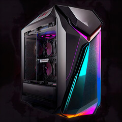 concept design of gaming workstation station custom pc computer build with glass windows and RGB rainbow led - obrazy, fototapety, plakaty