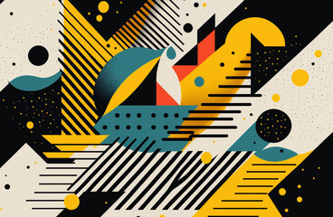 Set of semi tonal geometry shapes and forms with universal tendencies, juxtaposed for contrasting effect in a bright shiny elements composition. Memphis style, created with generative AI tools.