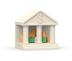 Realistic 3d icon of bank building with money and golden coins inside