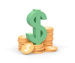 Realistic 3d icon of dollar currency symbol and golden coins
