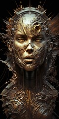 Surreal concept of biomechanical female android with beautiful yellow eyes, ugly cyborg, cybernetic organism, synthetic organism, generative ai