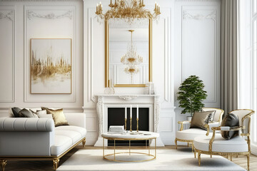 Sophisticated white and gold living room with fireplace and chandelier, generative ai