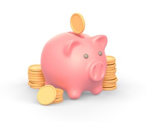 Realistic 3d icon of piggy bank and golden coins