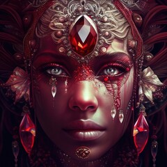 A woman with white diamonds, red rubies and rich jewelry, generative ai