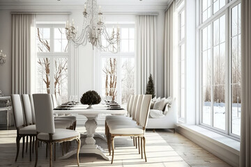 Stunning white dining room with floor-to-ceiling windows and beautiful chandelier, seating for 8 at grand wooden table, generative ai