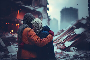 Menschen trauern nach der Erdbeben Katastrophe in der Türkei um ihre Familie und ihr zu Hause - Generative Ai - obrazy, fototapety, plakaty