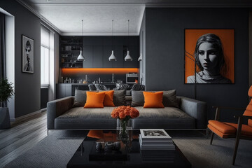 Stylish modern apartment with pops of orange on grey sofa, generative ai