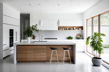 Timeless minimalist kitchen design with a wooden island and white cabinetry, generative ai - obrazy, fototapety, plakaty