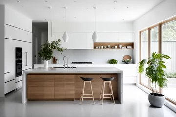 Fotobehang Timeless minimalist kitchen design with a wooden island and white cabinetry, generative ai © aicandy