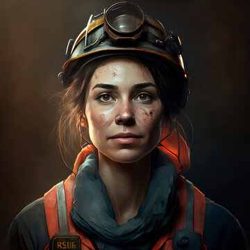 Portrait of a female worker in the mines wearing work clothes and a protective helmet,.