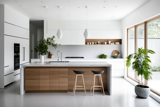 Fototapeta Timeless minimalist kitchen design with a wooden island and white cabinetry, generative ai