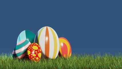 colorful candy eggs on the grass, 3d illustration