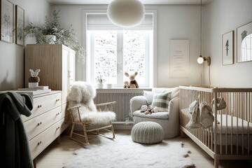 Comfortable and cozy scandinavian nursery with natural wood accents, generative ai