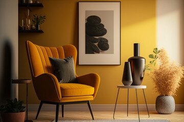 Cozy and Inviting Yellow Armchair in a Warm Toned Living Room Interior Wall Mockup'', generative ai