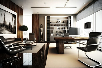 Elegant corporate office interior with high-end furniture and modern technology, generative ai