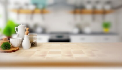 Fototapeta na wymiar Stylish Wooden Table Top on Blurred Kitchen Background - Ideal for Product Displays and Design Layouts created by generative AI