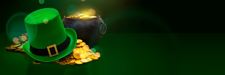 St.Patrick 's Day. Cauldron with gold coins and green leprechaun hat