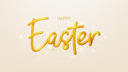 Easter greeting card template. Vector holiday illustration with realistic golden 3d lettering and falling confetti. Realistic 3d golden symbol of Easter. Happy Easter.