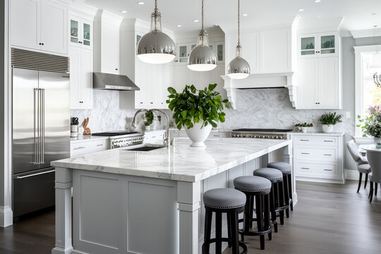 Elegant white kitchen with marble countertops and island, high-end stainless steel appliances, and modern pendant lighting, generative ai