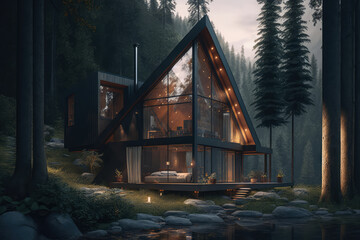 Gorgeous 3D rendering of a forest cabin, generative ai