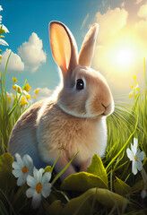 Cute rabbit on a green meadow. AI generated
